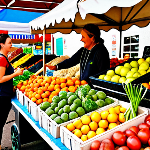 Home 6 ** A vibrant farmers market scene. Focus on the colorful displays of fresh fruits and vegetables, the fragrant herbs, and a friendly interaction between a vendor and a customer. Capture the sensory richness of the market atmosphere. The vibe should be wholesome and inviting.
**