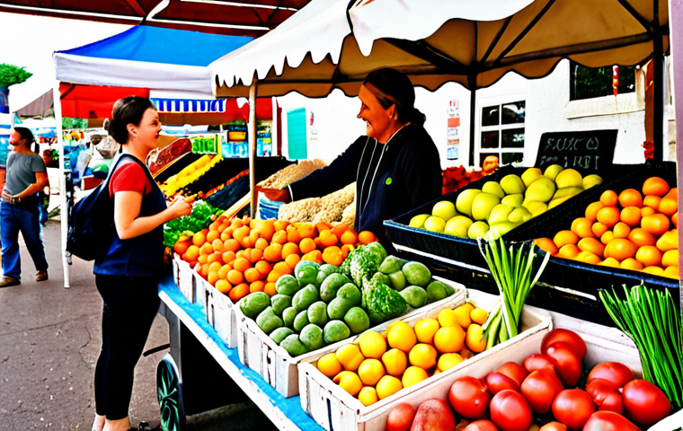 ** A vibrant farmers market scene. Focus on the colorful displays of fresh fruits and vegetables, the fragrant herbs, and a friendly interaction between a vendor and a customer. Capture the sensory richness of the market atmosphere. The vibe should be wholesome and inviting.
**
