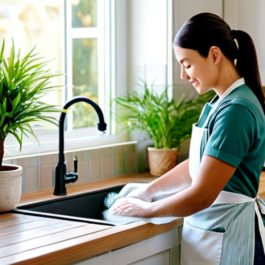 **
"A peaceful kitchen scene, soft lighting, featuring a woman fully clothed in a modest apron, mindfully washing dishes. Focus on the warm water, textured soap suds, and gleaming clean plates. Background includes calming pastel colors, indoor plants, creating a serene atmosphere. Safe for work, appropriate content, fully clothed, professional photography, perfect anatomy, natural proportions, family-friendly."
**