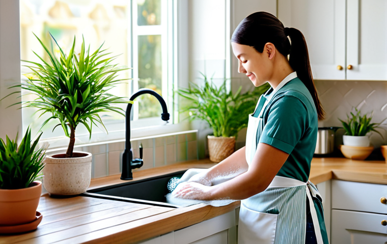 **
"A peaceful kitchen scene, soft lighting, featuring a woman fully clothed in a modest apron, mindfully washing dishes. Focus on the warm water, textured soap suds, and gleaming clean plates. Background includes calming pastel colors, indoor plants, creating a serene atmosphere. Safe for work, appropriate content, fully clothed, professional photography, perfect anatomy, natural proportions, family-friendly."
**