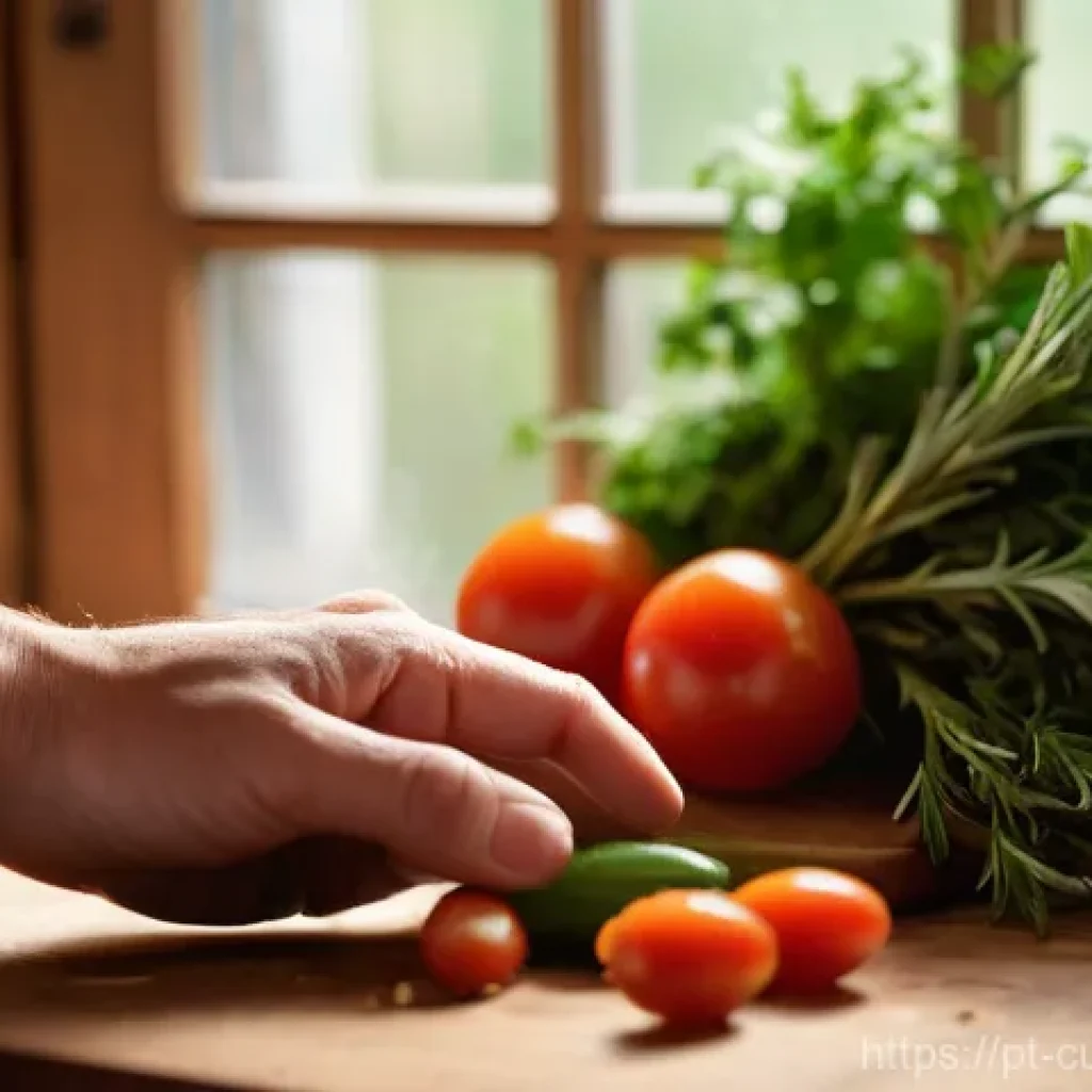 주방에서 할 수 있는 간단한 명상 - **Prompt:** A close-up, warm, and inviting image of hands gently sifting fresh, vibrant green rosema...
