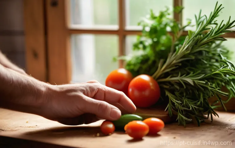 주방에서 할 수 있는 간단한 명상 - **Prompt:** A close-up, warm, and inviting image of hands gently sifting fresh, vibrant green rosema...