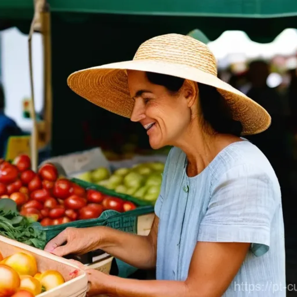 여름철 요리 명상 아이디어 - **A Woman Mindfully Selecting Fresh Produce at a Lively Portuguese Farmers' Market.**
A serene, ...