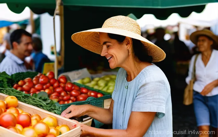 여름철 요리 명상 아이디어 - **A Woman Mindfully Selecting Fresh Produce at a Lively Portuguese Farmers' Market.**
A serene, ...