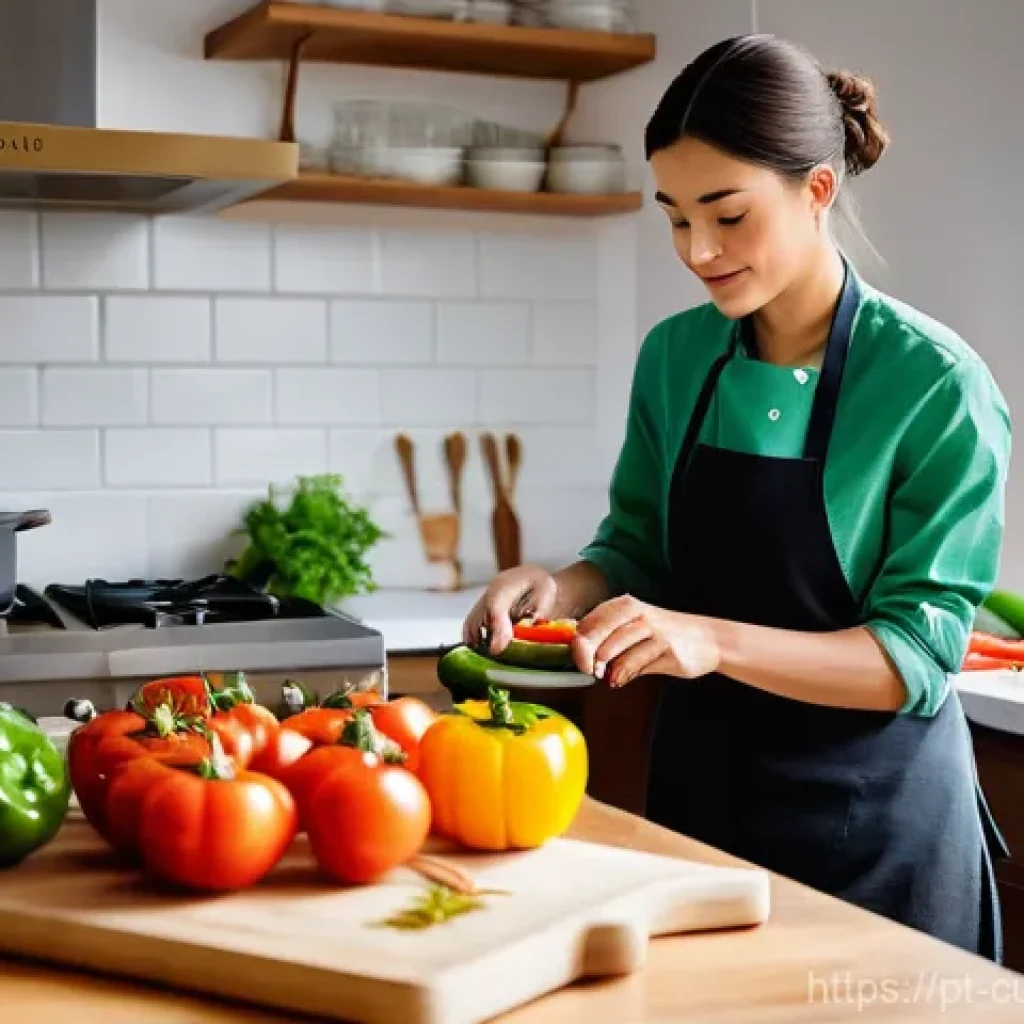 요리 명상에서의 경험 공유하기 - **A Serene Mindful Chef in a Cozy Kitchen**
A person, appearing calm and focused, is gently slic...