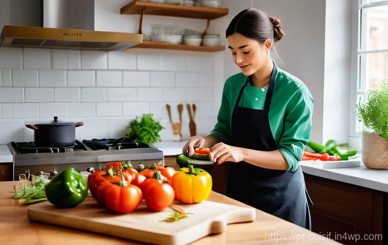 요리 명상에서의 경험 공유하기 - **A Serene Mindful Chef in a Cozy Kitchen**
A person, appearing calm and focused, is gently slic...