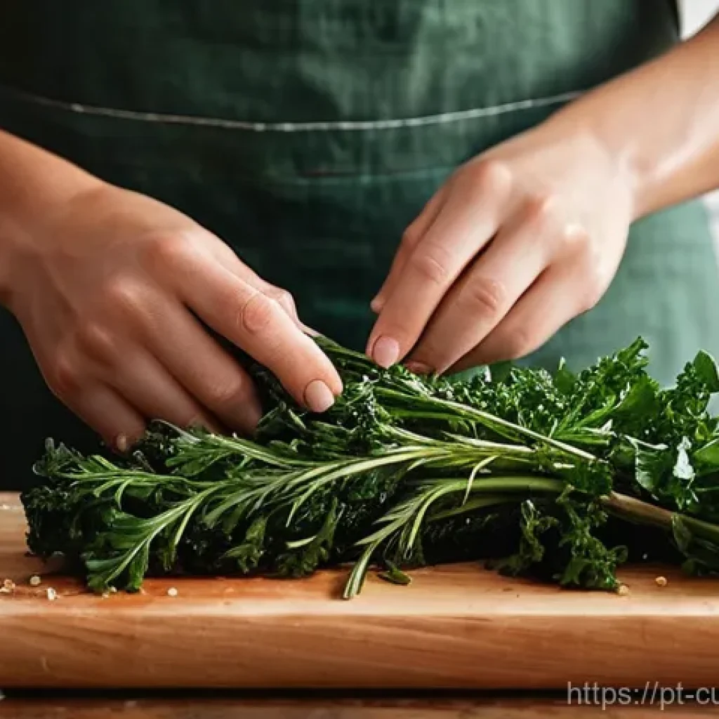 명상적인 식사 준비 과정 - **Prompt:** A close-up, artfully composed shot of hands, gently slicing vibrant green kale for 'cald...
