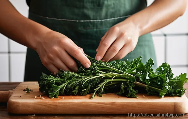 명상적인 식사 준비 과정 - **Prompt:** A close-up, artfully composed shot of hands, gently slicing vibrant green kale for 'cald...