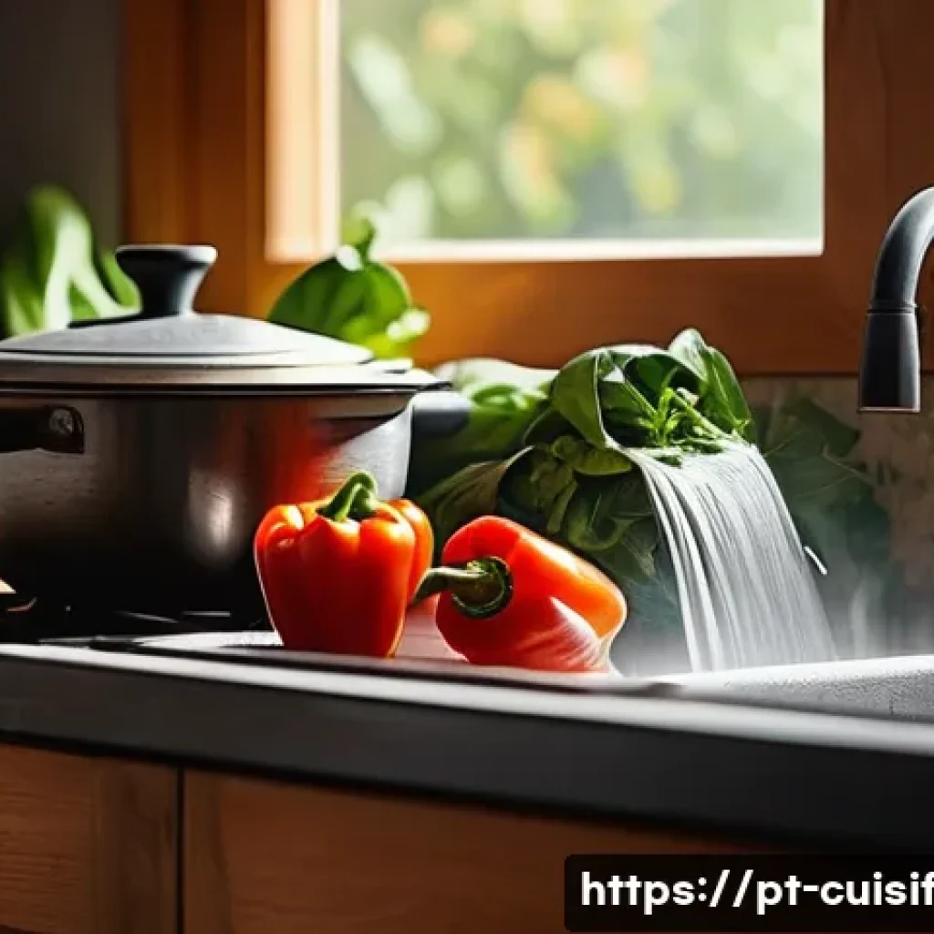 요리 명상으로 내면의 소리 듣기 - **Prompt:** A serene and brightly lit kitchen scene, focusing on a pair of hands gently washing vibr...
