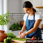 명상적 요리의 매력 - **Prompt 1: A serene Portuguese kitchen, bathed in soft, natural morning light, where a woman in her...