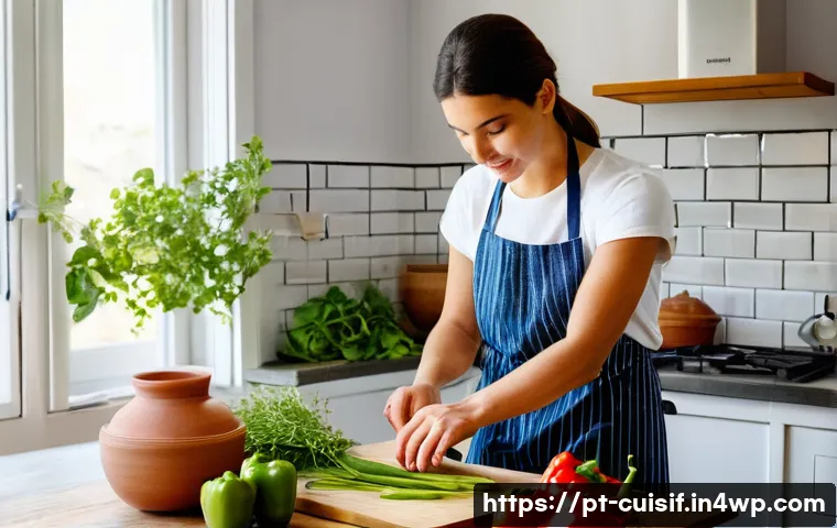 명상적 요리의 매력 - **Prompt 1: A serene Portuguese kitchen, bathed in soft, natural morning light, where a woman in her...