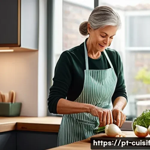 요리 명상으로 스트레스 관리하기 - A serene kitchen scene featuring a middle-aged woman practicing mindful cooking, wearing comfortable...