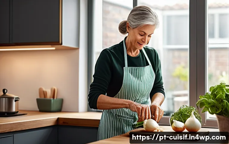 요리 명상으로 스트레스 관리하기 - A serene kitchen scene featuring a middle-aged woman practicing mindful cooking, wearing comfortable...