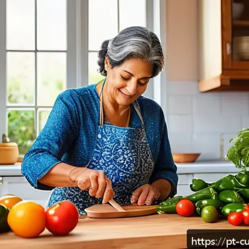 주방에서 마음챙김 실천하기 - A serene kitchen scene with a middle-aged Brazilian woman attentively preparing fresh ingredients fo...