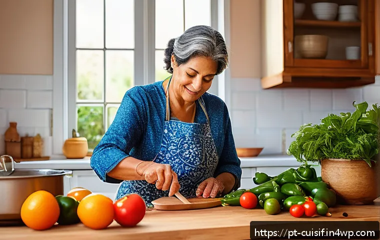 주방에서 마음챙김 실천하기 - A serene kitchen scene with a middle-aged Brazilian woman attentively preparing fresh ingredients fo...