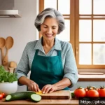 명상 중 요리로 얻는 창의력 - A serene kitchen scene featuring a middle-aged woman cooking mindfully, wearing casual comfortable c...
