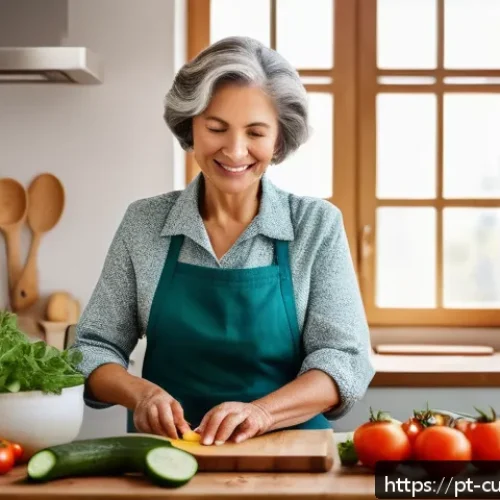 명상 중 요리로 얻는 창의력 - A serene kitchen scene featuring a middle-aged woman cooking mindfully, wearing casual comfortable c...