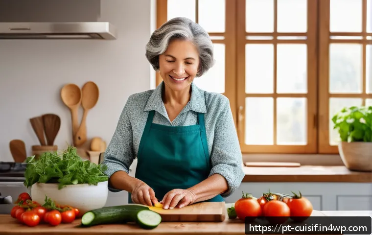 명상 중 요리로 얻는 창의력 - A serene kitchen scene featuring a middle-aged woman cooking mindfully, wearing casual comfortable c...