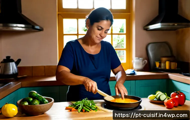 Home 17 요리하면서 명상하는 이유 - Photorealistic warm Brazilian home kitchen at sunrise, calm middle-aged woman mindfully chopping fre...