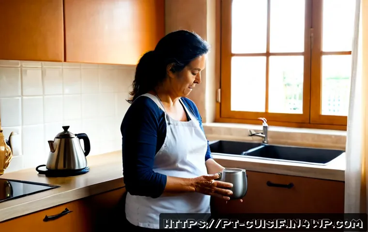 Home 17 주방에서의 소음과 명상 기법 - Photorealistic Portuguese home kitchen in the early morning, middle-aged woman in comfortable casual...